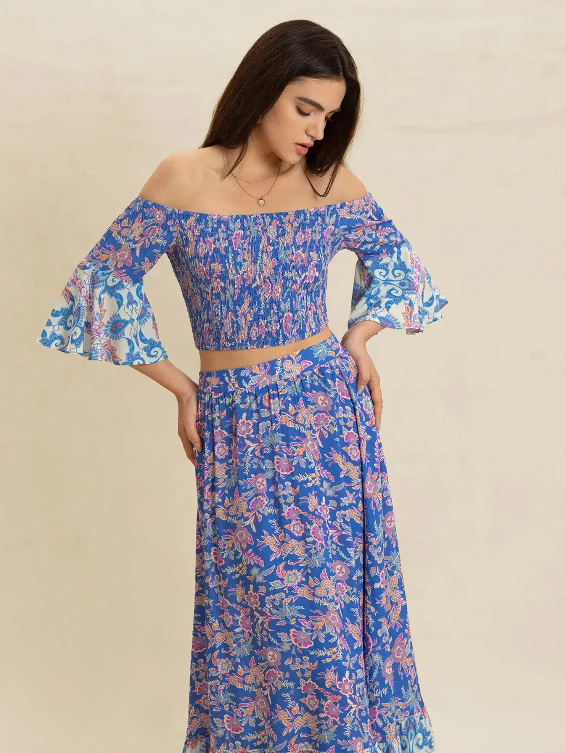 Smocked Off-Shoulder Printed Top and Skirt Set - Trendsi - Flyclothing LLC