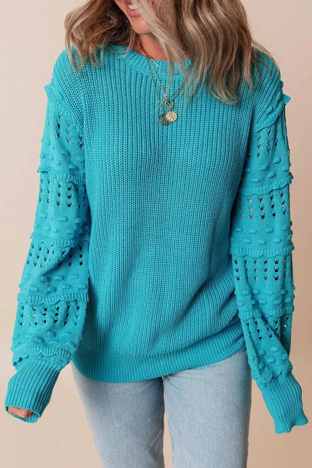 Openwork Frill Round Neck Long Sleeve Sweater - Trendsi - Flyclothing LLC