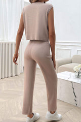 Ribbed Round Neck Top and Pants Set - Trendsi - Flyclothing LLC