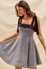SO ME Houndstooth Fit Flare Mini Dress with Shoulder Tie - Trendsi - Flyclothing LLC