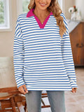 Striped Johnny Collar Long Sleeve T-Shirt - Trendsi - Flyclothing LLC