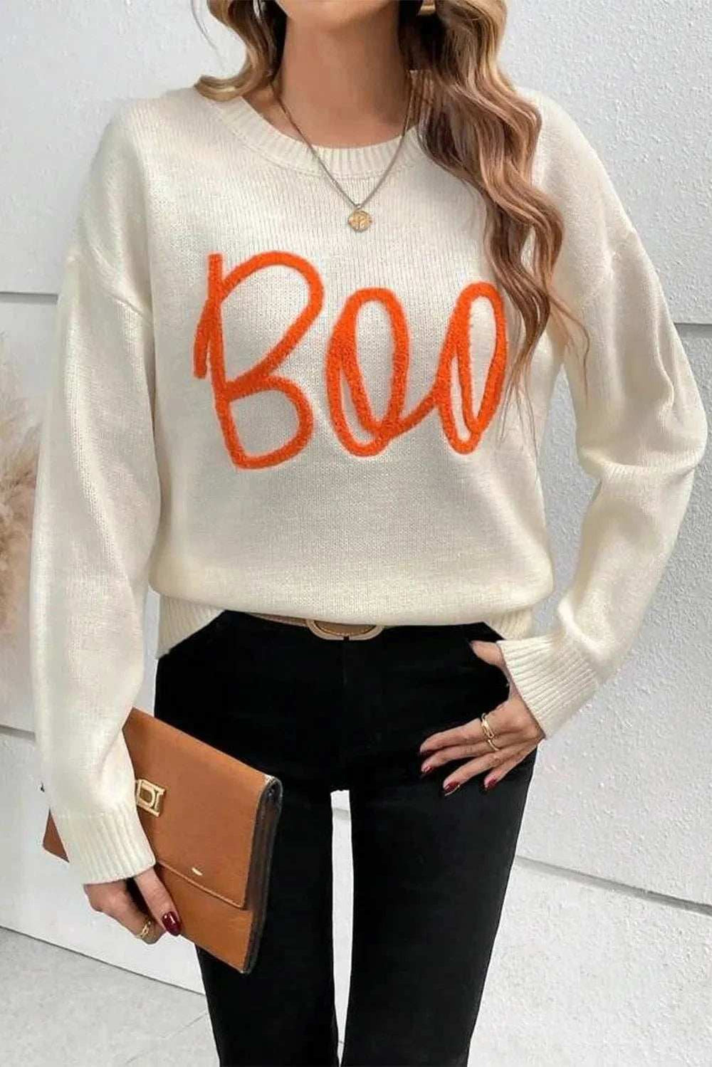 BOO Round Neck Long Sleeve Sweater - Trendsi - Flyclothing LLC