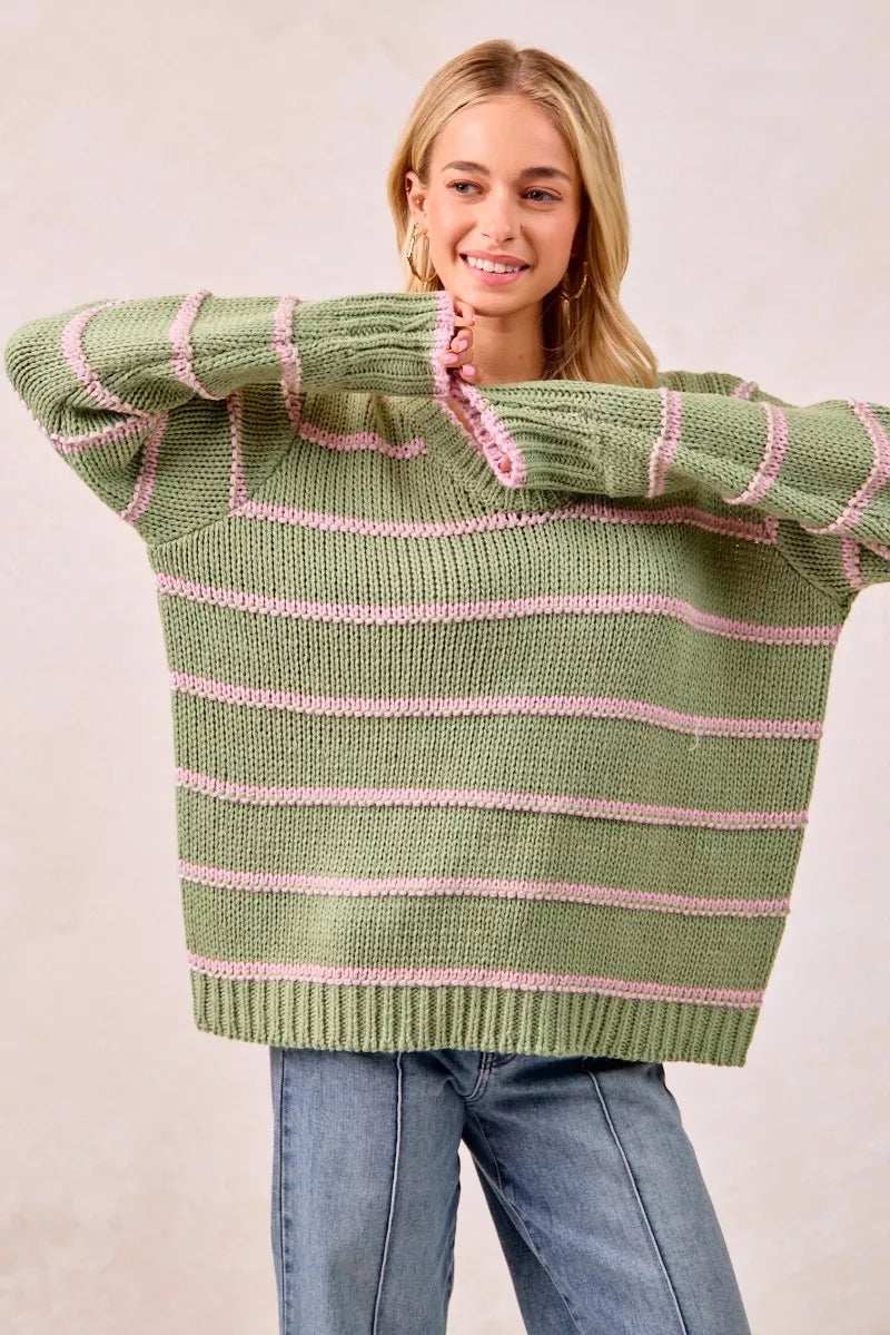 BiBi Striped Long Sleeve Sweater - Trendsi - Flyclothing LLC