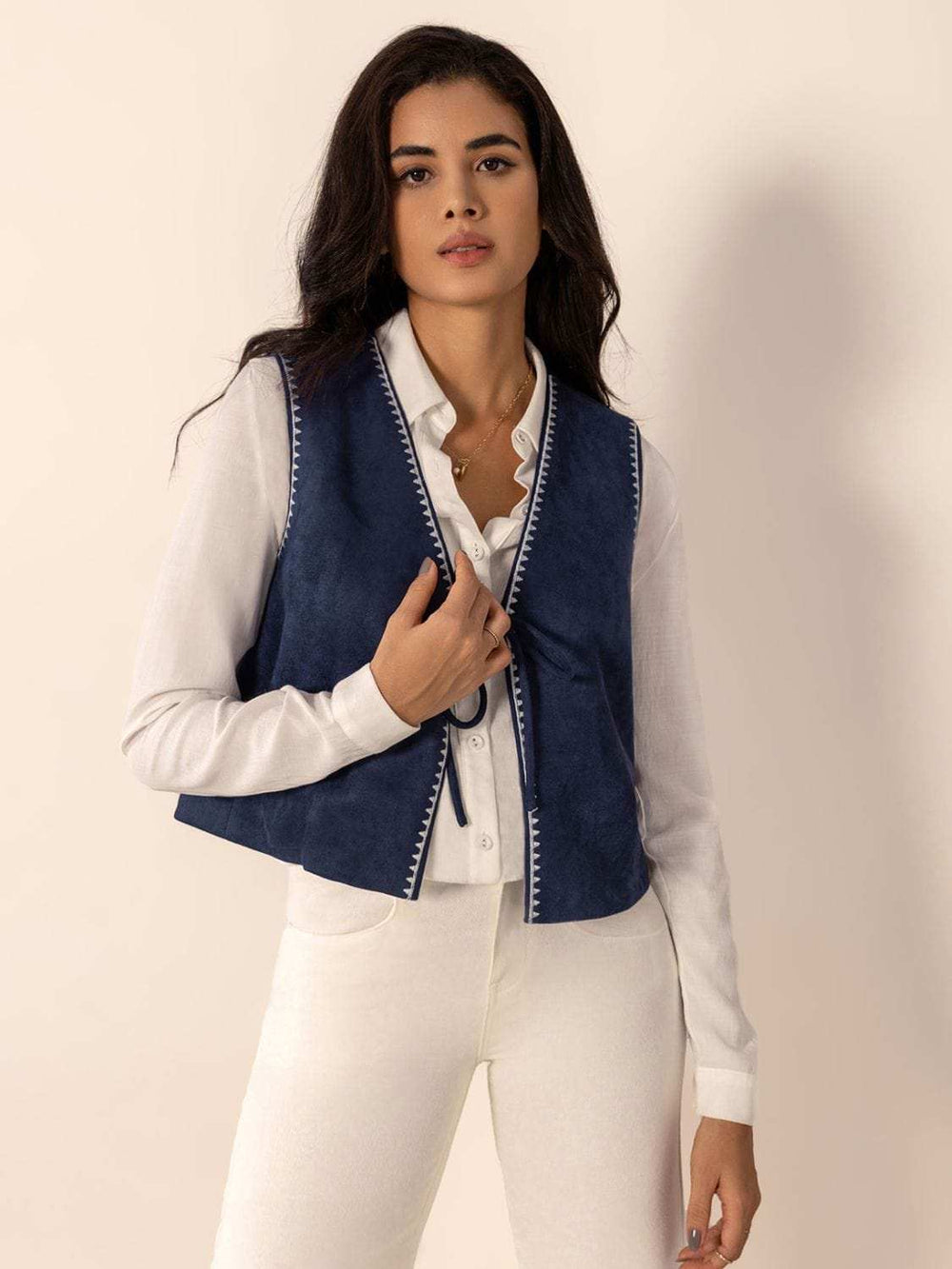 Tied Contrast Trim Vest - Trendsi - Flyclothing LLC