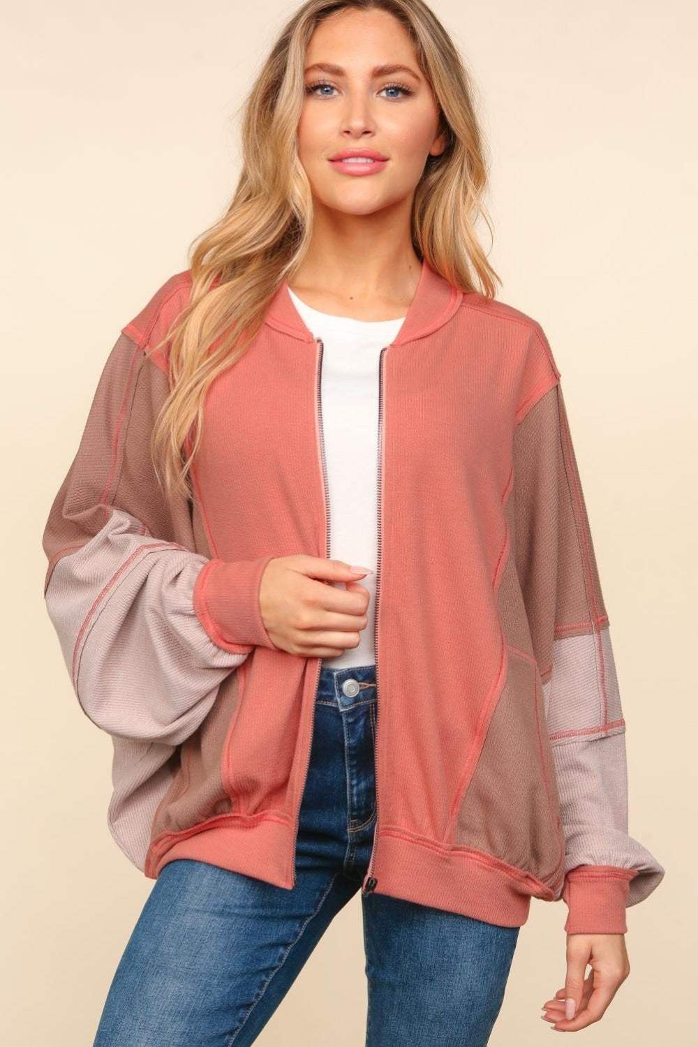 Haptics Zip Up Color Block Bomber Jacket with Side Pockets - Trendsi - Flyclothing LLC