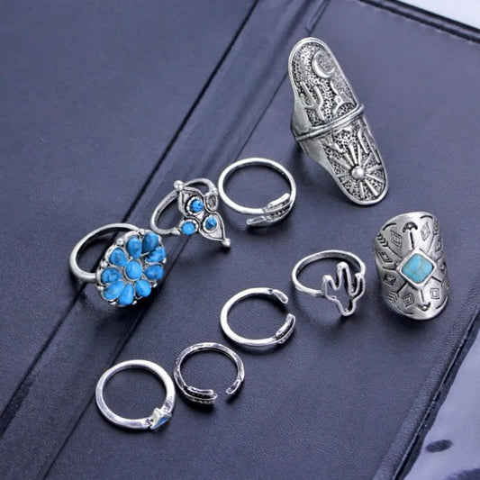 Alloy Turquoise 9-Piece Ring Set - Trendsi - Flyclothing LLC