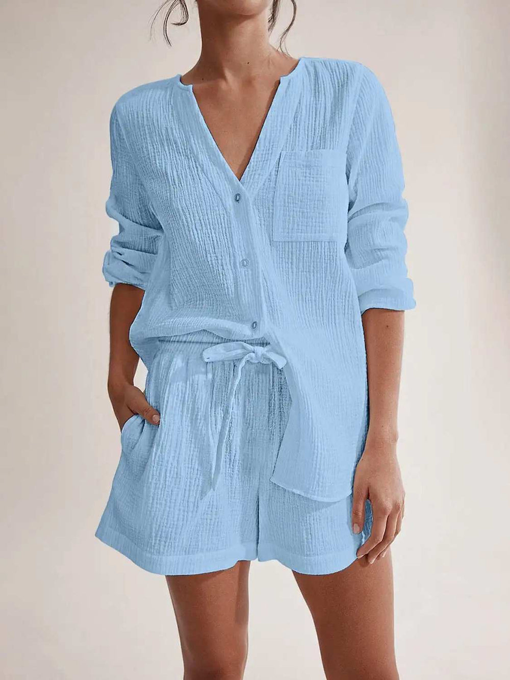 Notched Long Sleeve Top and Shorts Set - Trendsi - Flyclothing LLC