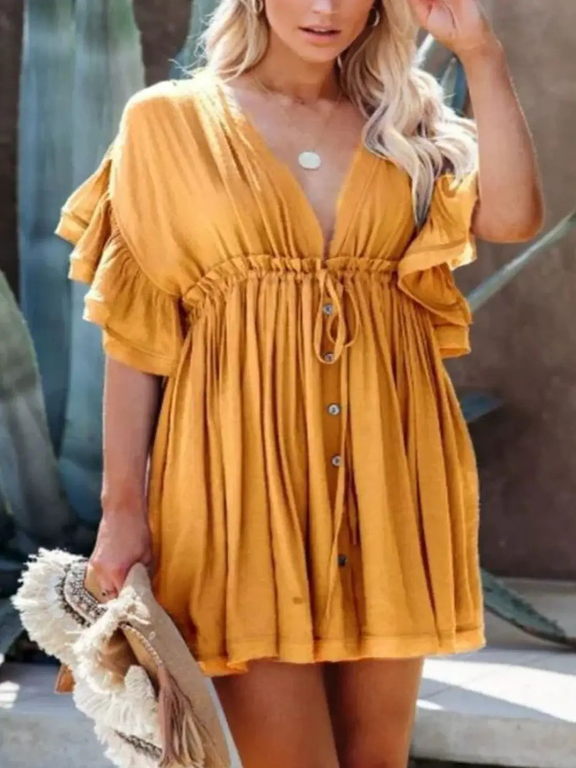 Drawstring Ruffled Half Sleeve Mini Dress - Trendsi - Flyclothing LLC