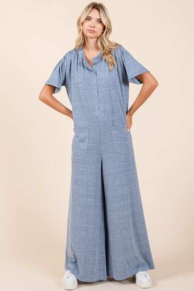 Mittoshop Button Detail Short Sleeve Wide Leg Jumpsuit - Trendsi - Flyclothing LLC