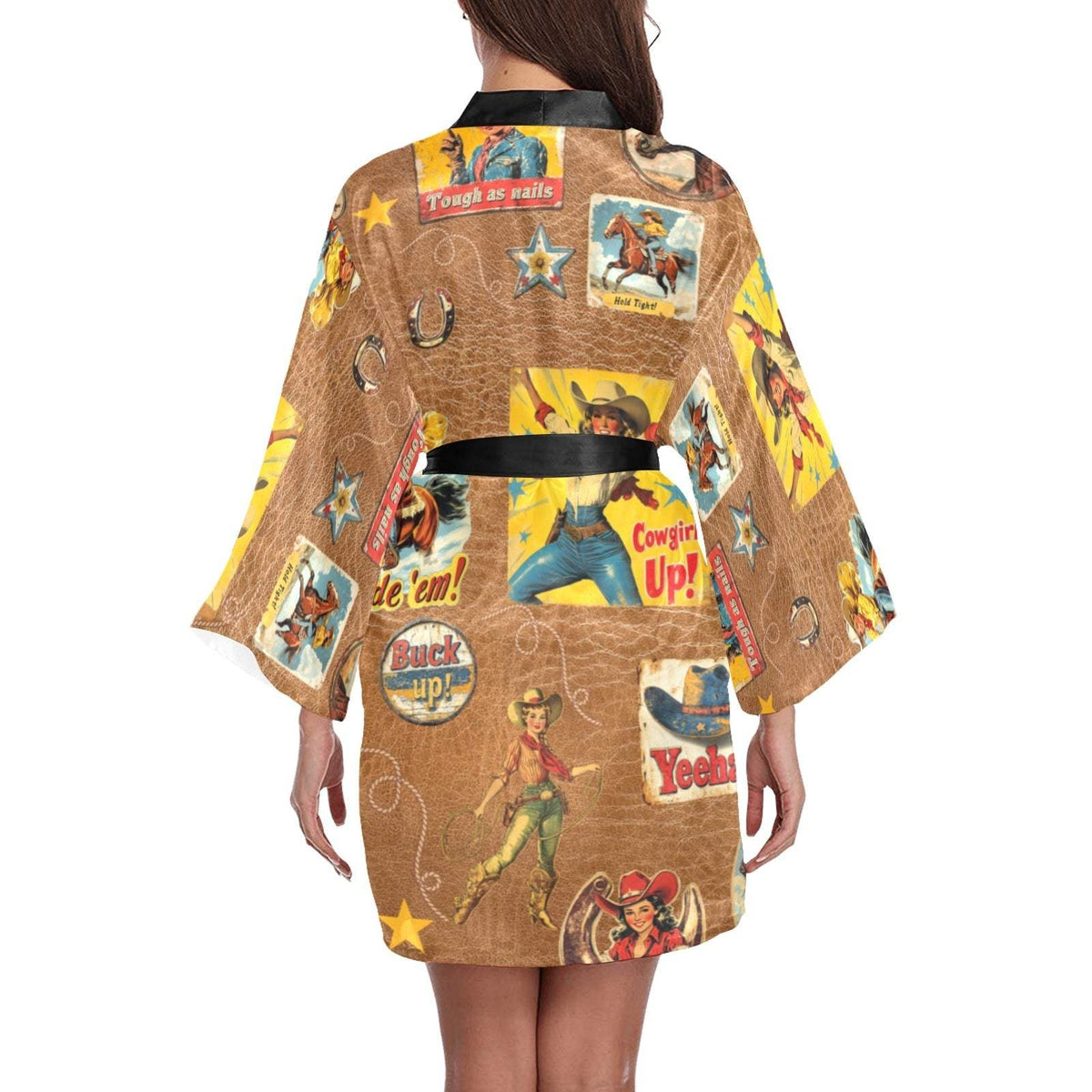 Baha Ranch Vintage Cowgirl Collage Kimono Satin Robe - Baha Ranch Western Wear - Flyclothing LLC