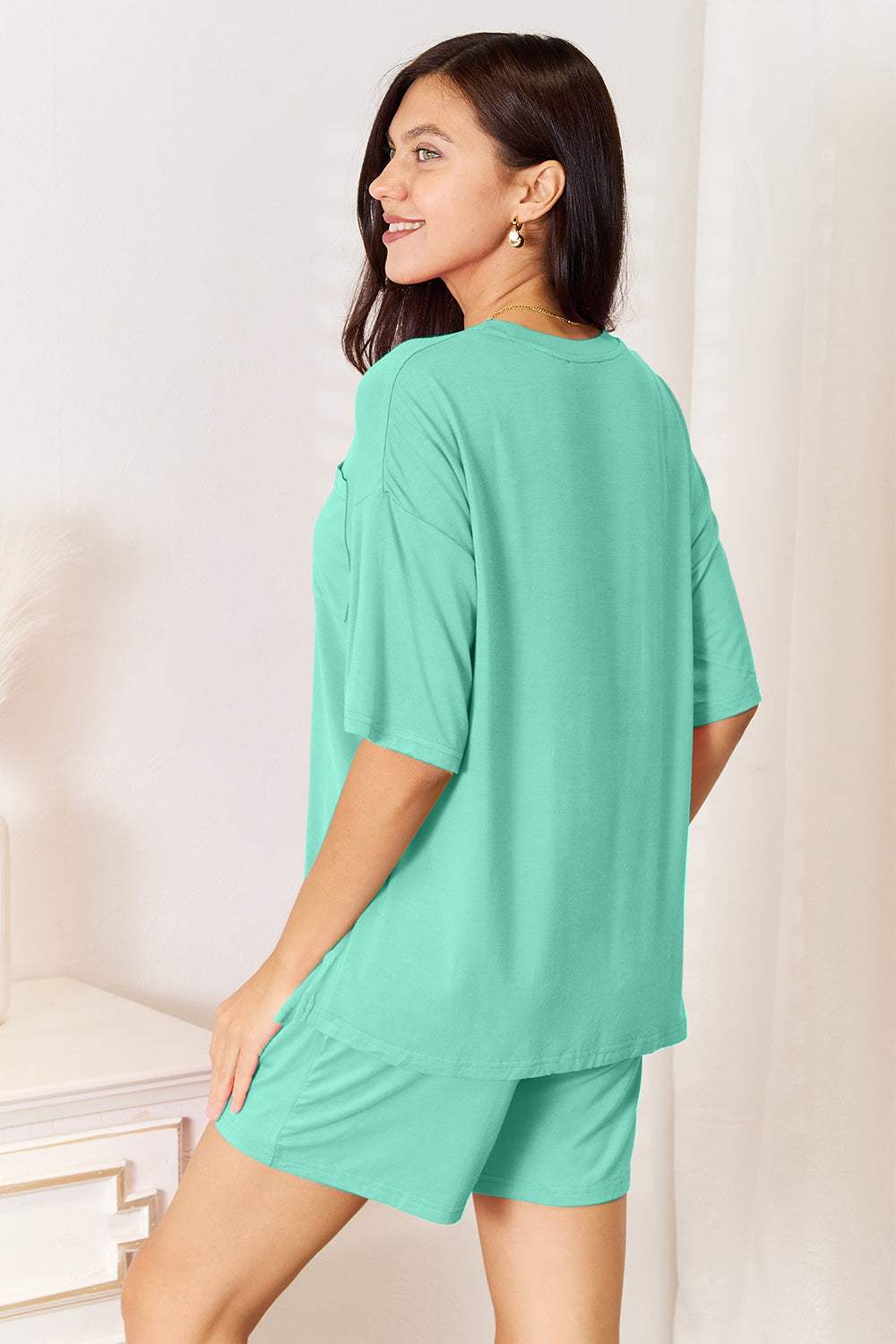 Basic Bae Bamboo Full Size Round Neck Drop Shoulder T-Shirt and Shorts Set - Trendsi - Flyclothing LLC