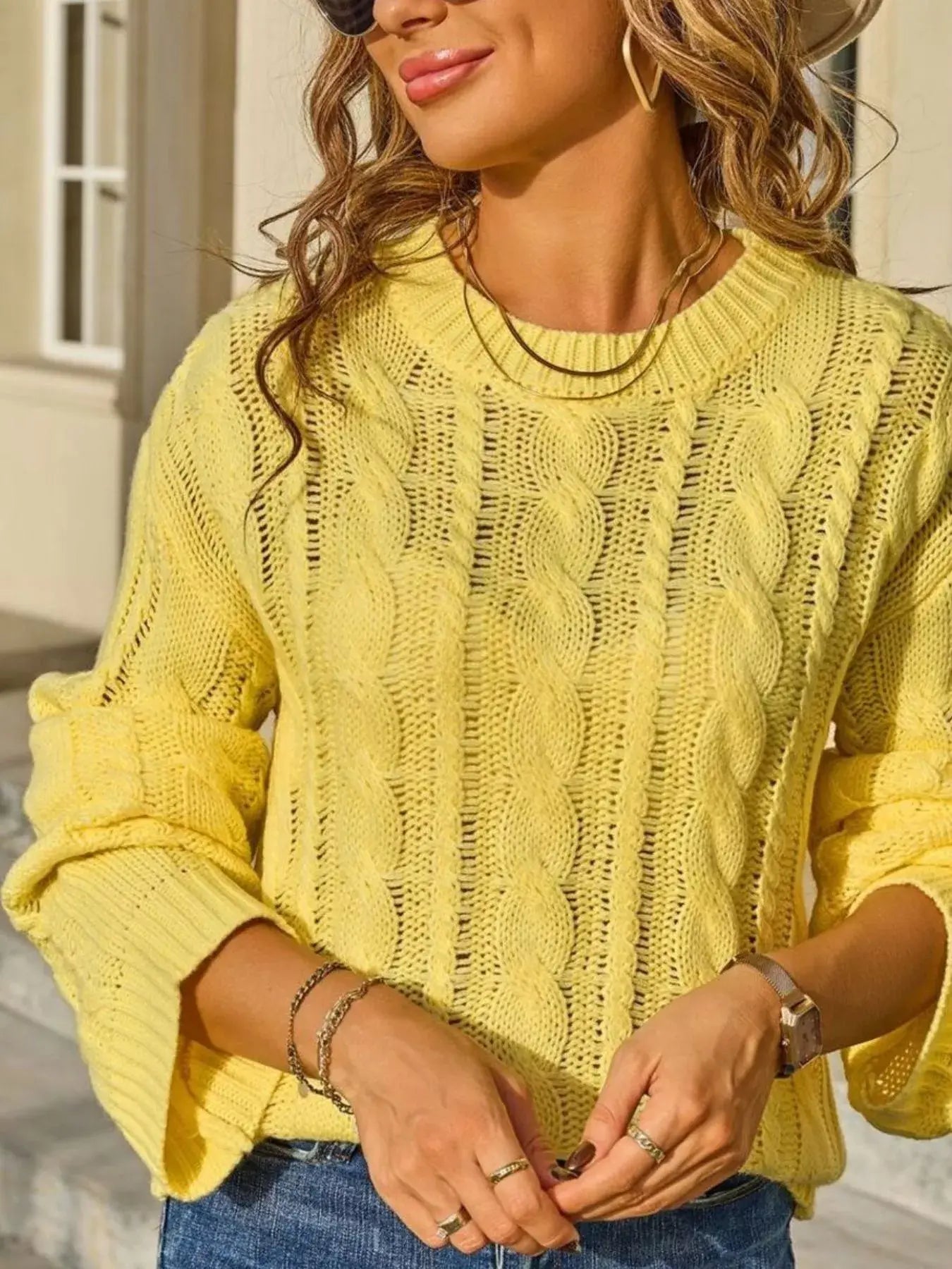 Cable Knit Long Sleeve Sweater - Trendsi - Flyclothing LLC