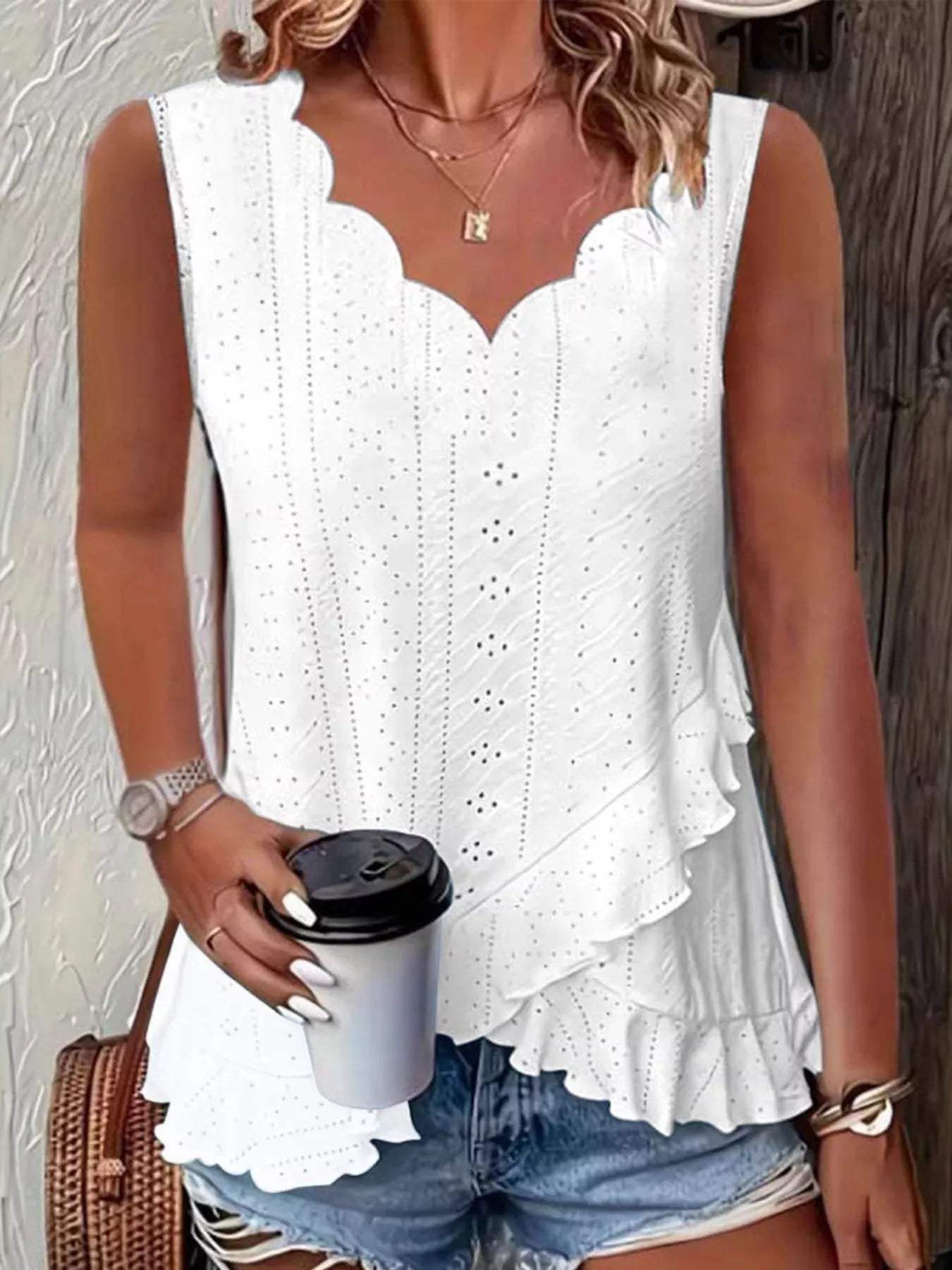 V-Neck Eyelet Ruffled Tank Top - Trendsi - Flyclothing LLC