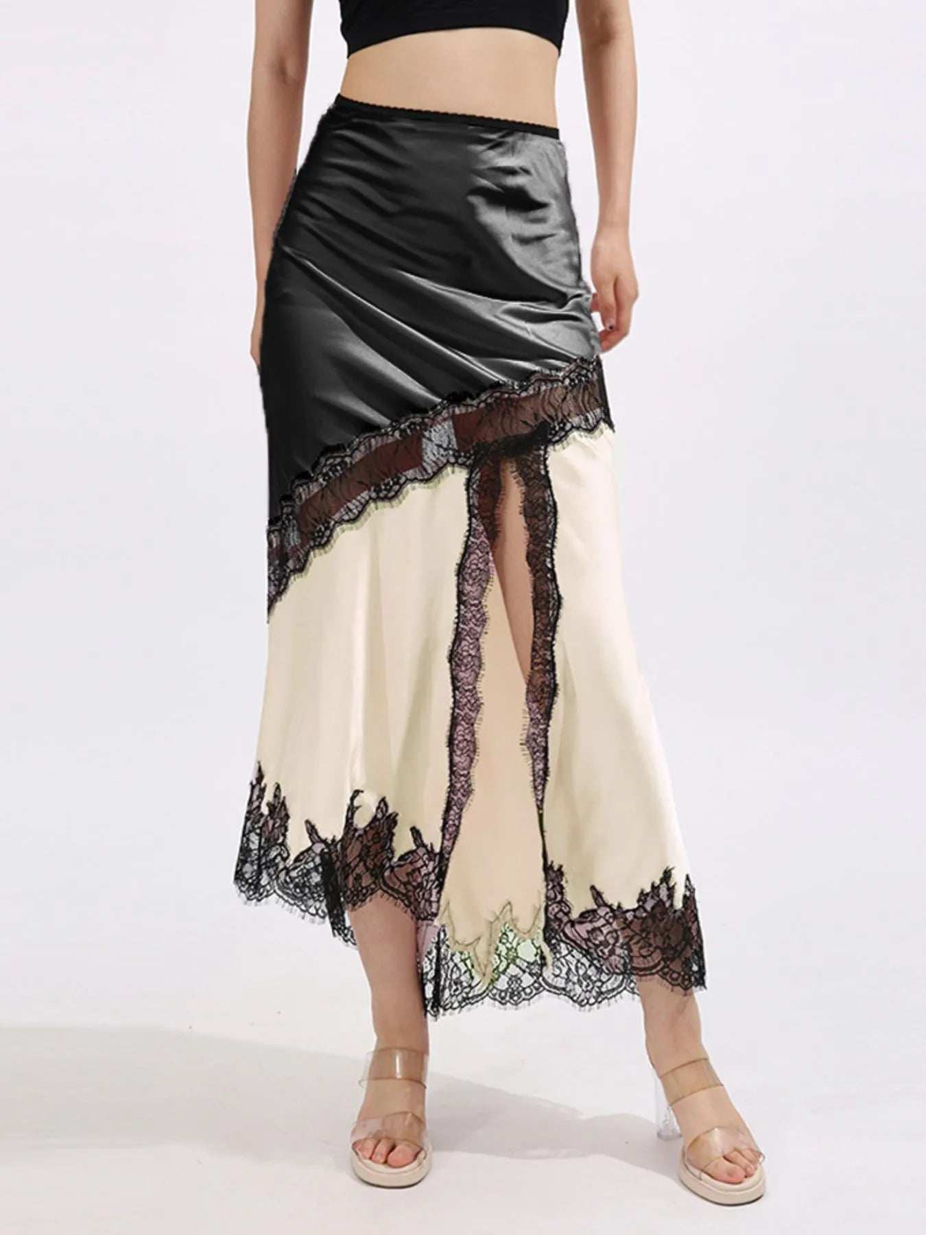 Lace Trim Asymmetrical Midi Skirt - Trendsi - Flyclothing LLC