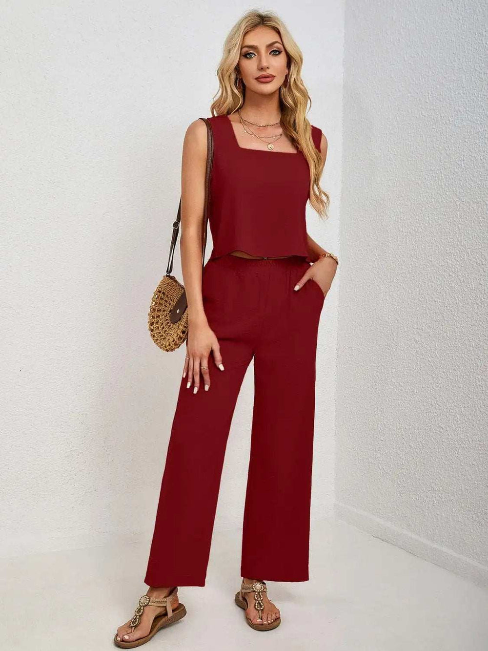 Square Neck Tank and Wide Leg Pants Set - Trendsi - Flyclothing LLC