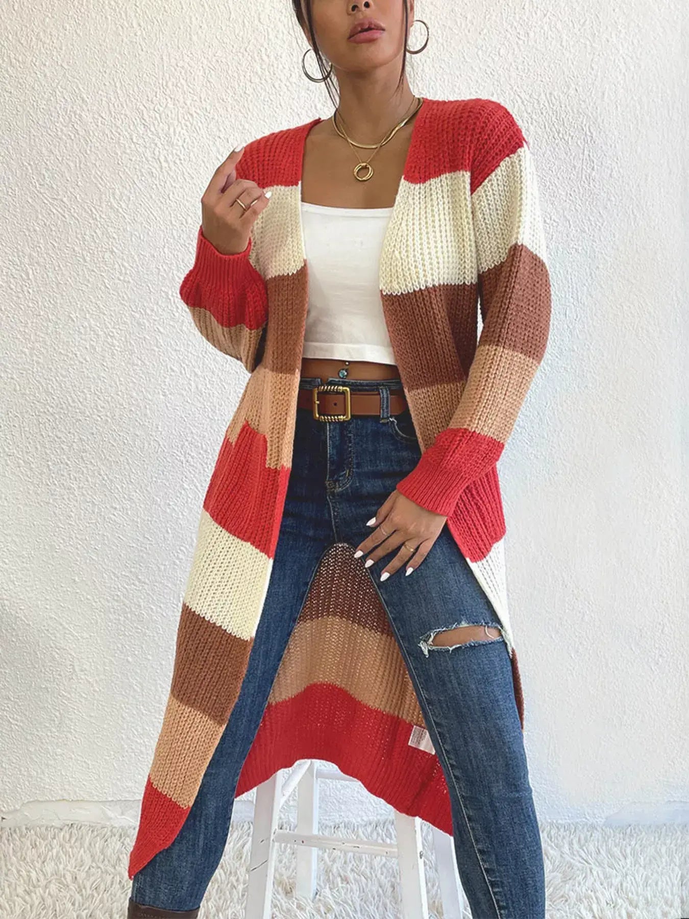 Striped Color Block Open Front Knit Cardigan - Trendsi - Flyclothing LLC