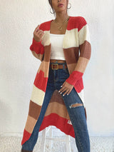 Striped Color Block Open Front Knit Cardigan - Trendsi - Flyclothing LLC