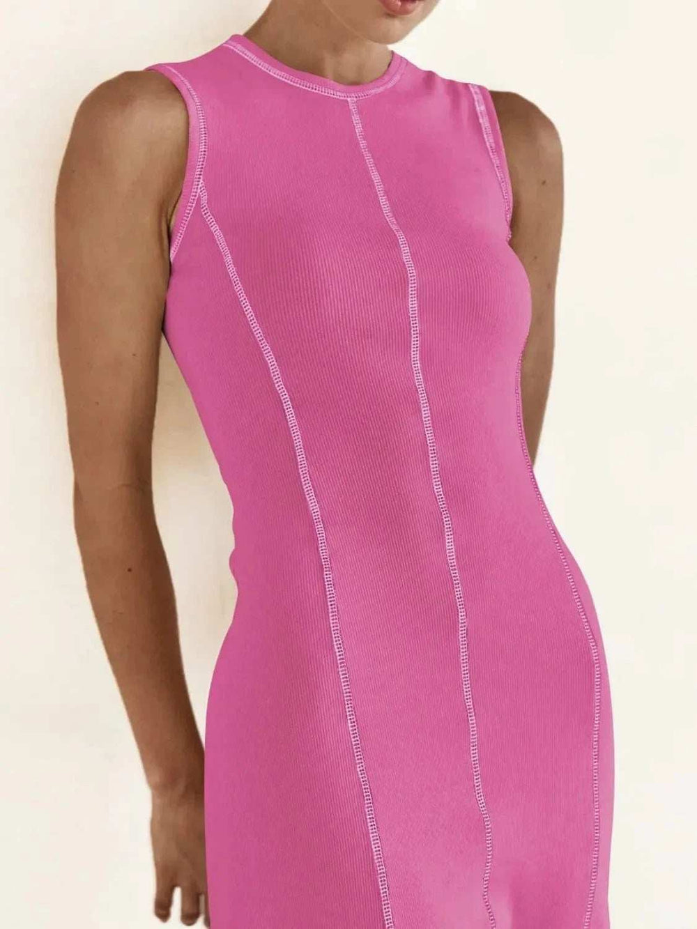 Contrast Stitching Round Neck Sleeveless Midi Dress - Trendsi - Flyclothing LLC