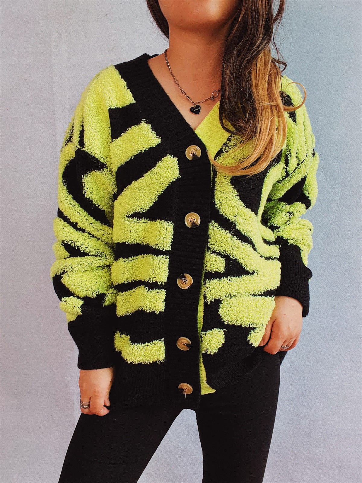 Contrast Button Up Long Sleeve Cardigan - Trendsi