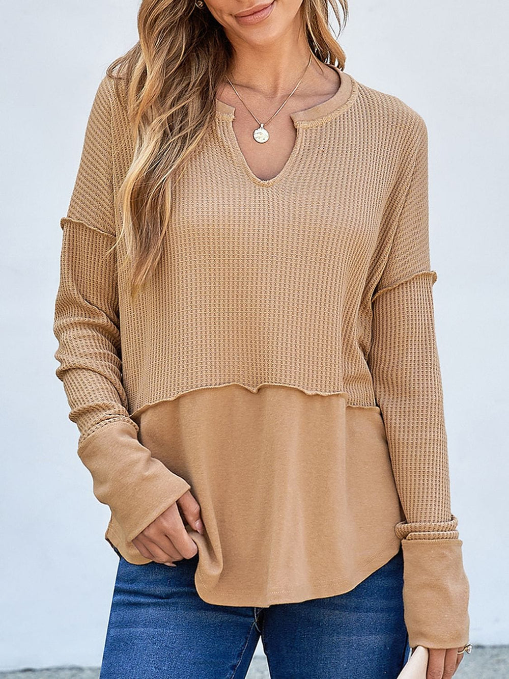 Waffle-Knit Notched Long Sleeve T-Shirt - Trendsi