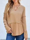 Waffle-Knit Notched Long Sleeve T-Shirt - Trendsi