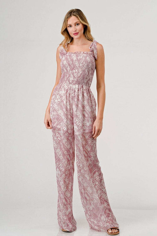GeeGee Printed Tie Shoulder Wide Leg Jumpsuit - Trendsi - Flyclothing LLC