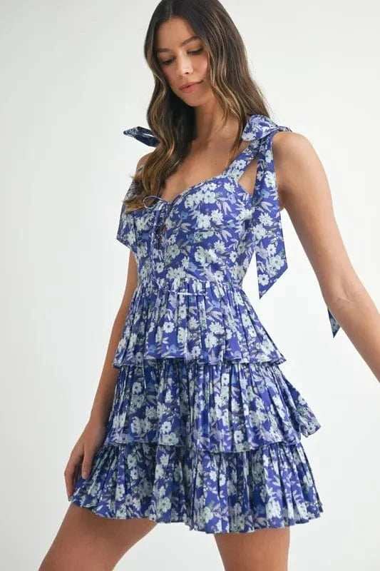 MABLE Floral Print Shoulder Tie Layered Mini Dress - Trendsi - Flyclothing LLC