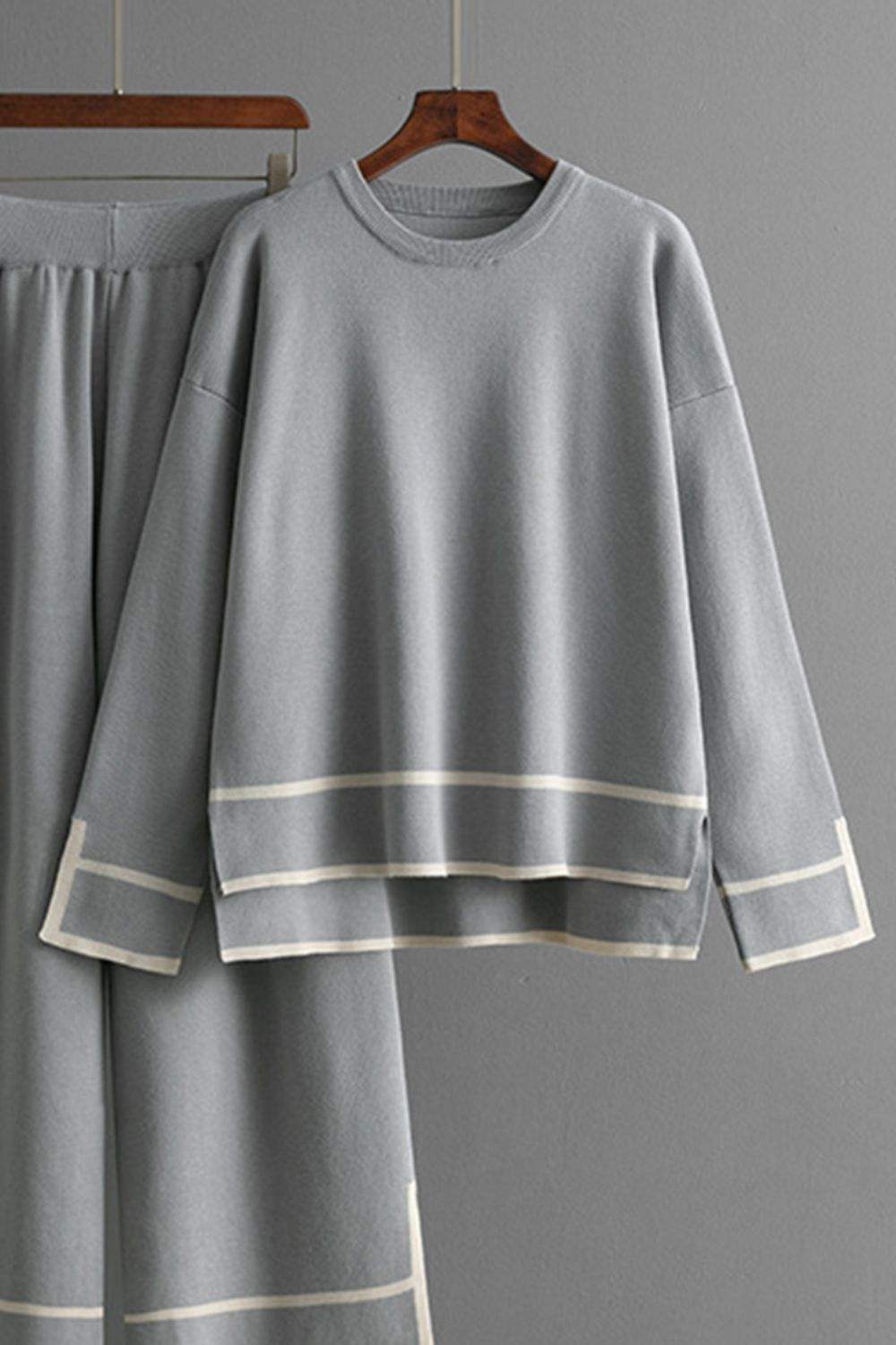High-Low Round Neck Top and Pants Sweater Set - Trendsi - Flyclothing LLC