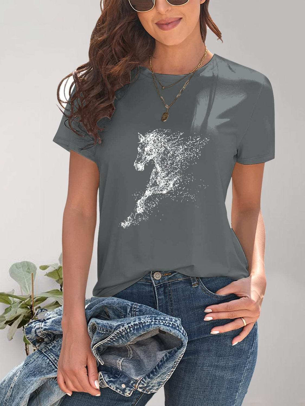 Horse Round Neck Short Sleeve T-Shirt - Trendsi - Flyclothing LLC