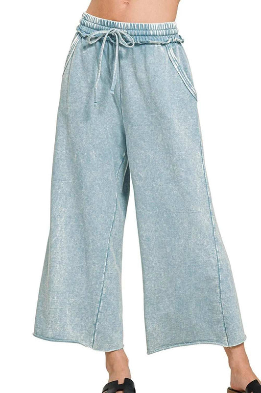 Zenana Washed French Terry Palazzo With Pockets - Trendsi - Flyclothing LLC