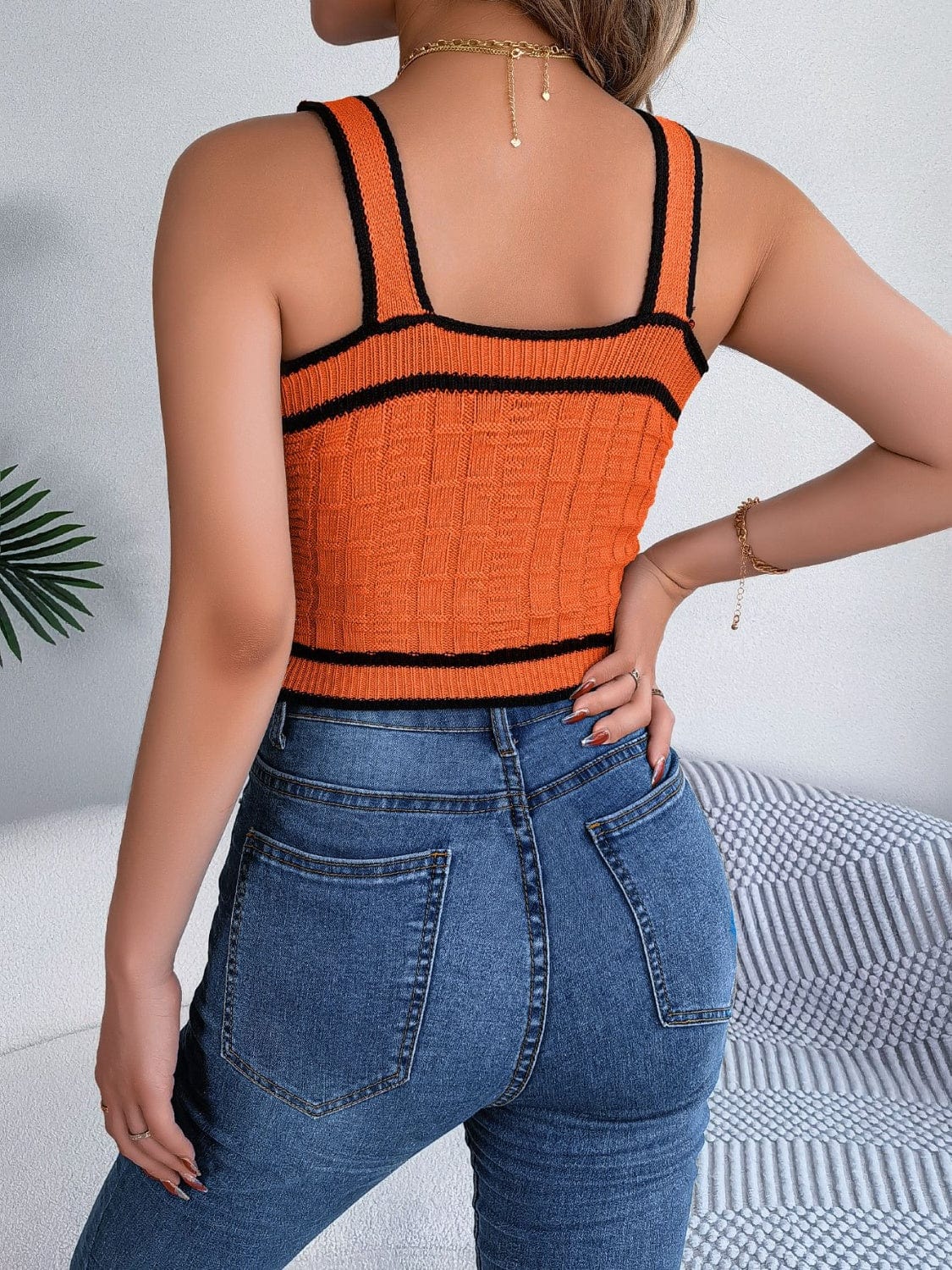 Decorative Button Wide Strap Knit Cami - Trendsi