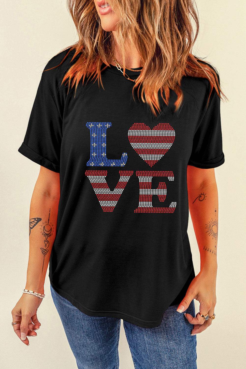 Rhinestone Round Neck Short Sleeve T-Shirt - Trendsi - Flyclothing LLC