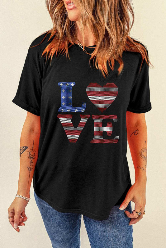Rhinestone Round Neck Short Sleeve T-Shirt - Trendsi - Flyclothing LLC