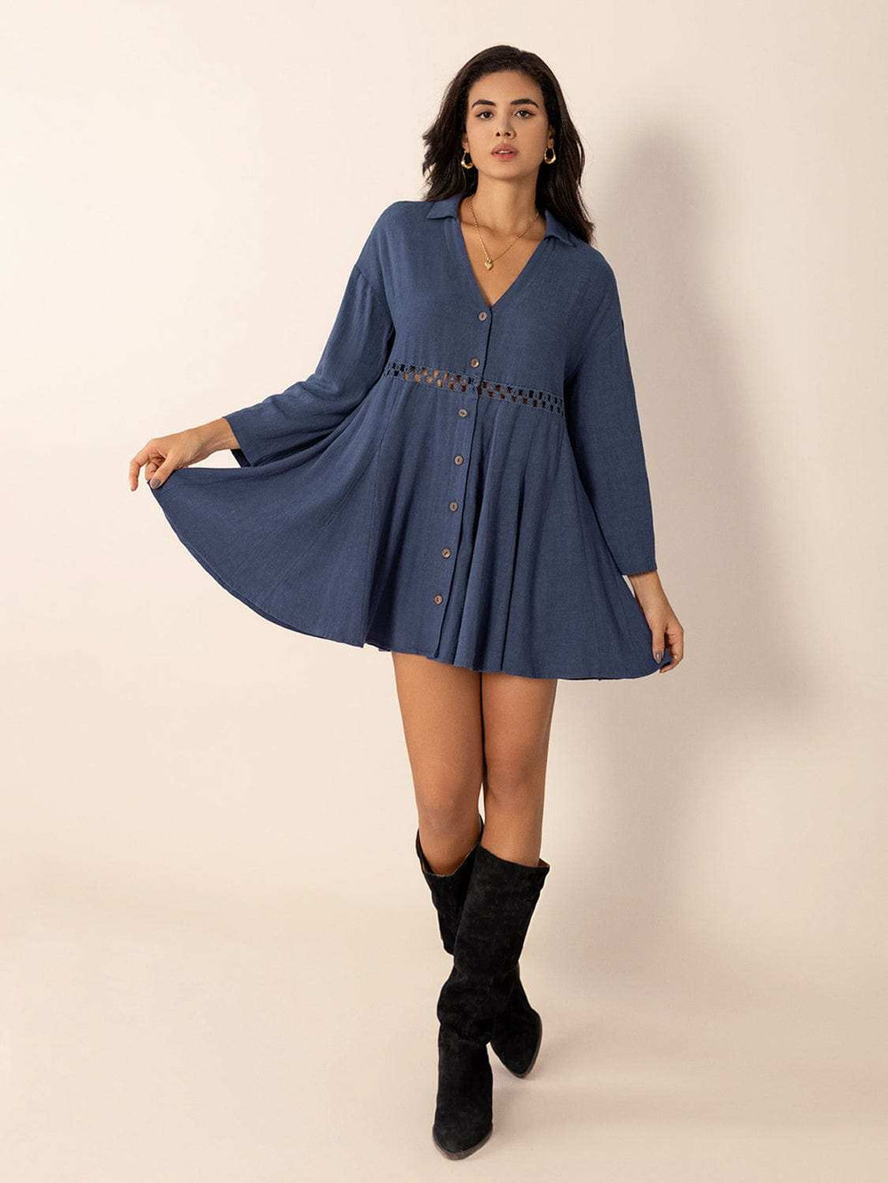 Cutout Johnny Collar Long Sleeve Mini Dress - Trendsi - Flyclothing LLC