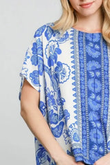 Umgee Full Size Floral Border Print Oversized Top Plus Size - Trendsi - Flyclothing LLC