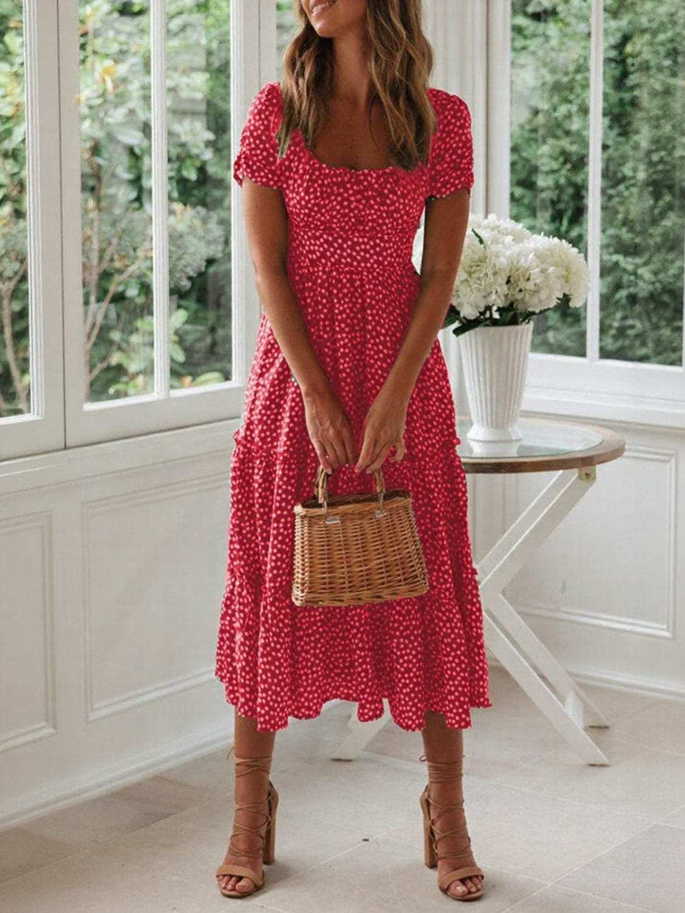 Printed Square Neck Short Sleeve Midi Dress - Trendsi - Flyclothing LLC