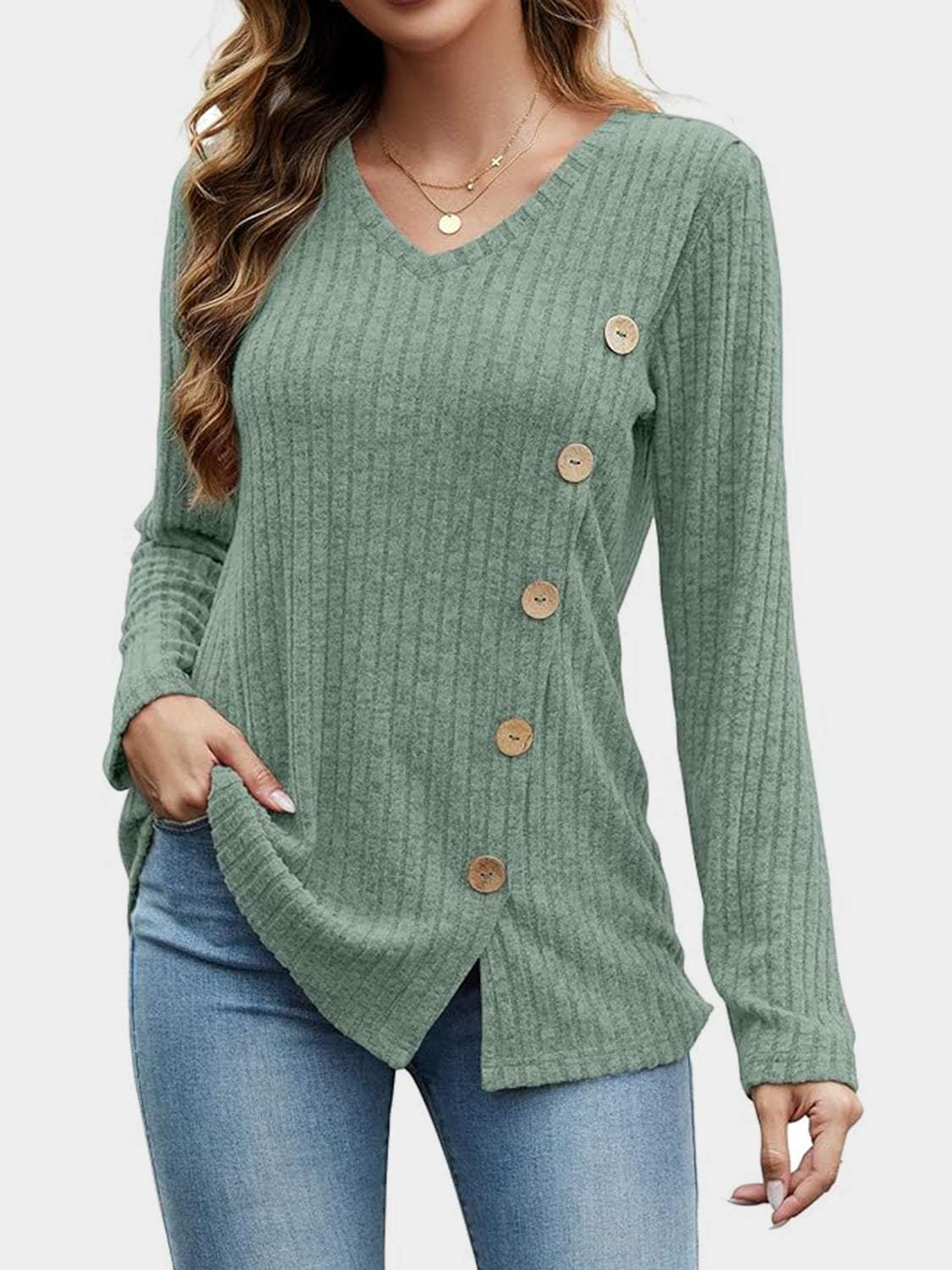 V-Neck Long Sleeve T-Shirt - Trendsi - Flyclothing LLC