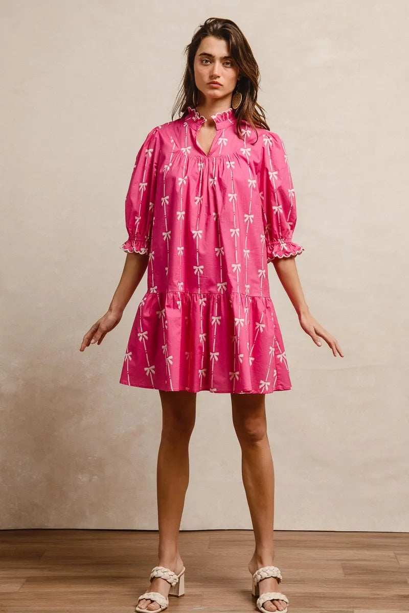 BiBi Ribbon Patterns With Scallops Edge Details Short Sleeve Dress - Trendsi - Flyclothing LLC