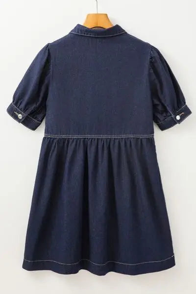Collared Neck Half Zip Denim Dress - Trendsi - Flyclothing LLC