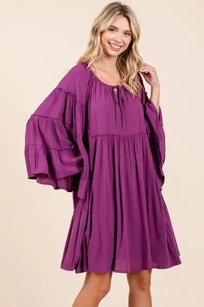 Mittoshop Frill Tie Neck Bell Sleeve Dress - Trendsi