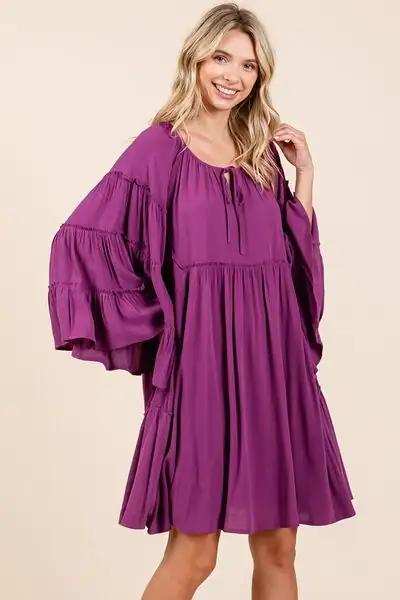 Mittoshop Frill Tie Neck Bell Sleeve Dress - Trendsi - Flyclothing LLC