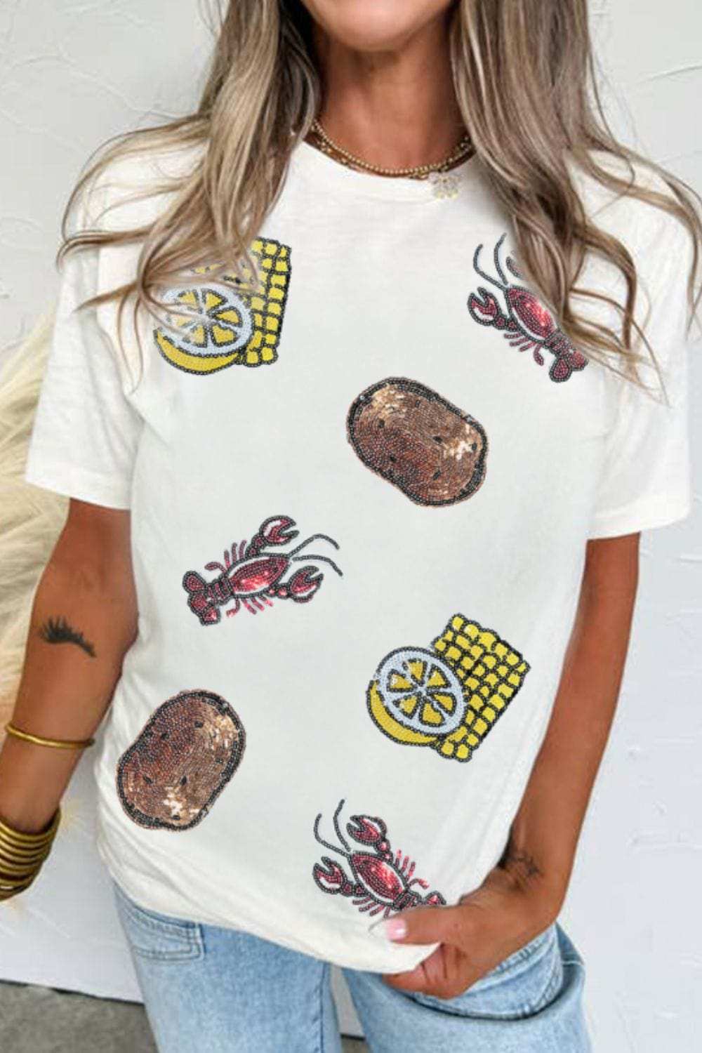 Sequin Crawfish Potato Round Neck Short Sleeve T-Shirt - Trendsi - Flyclothing LLC