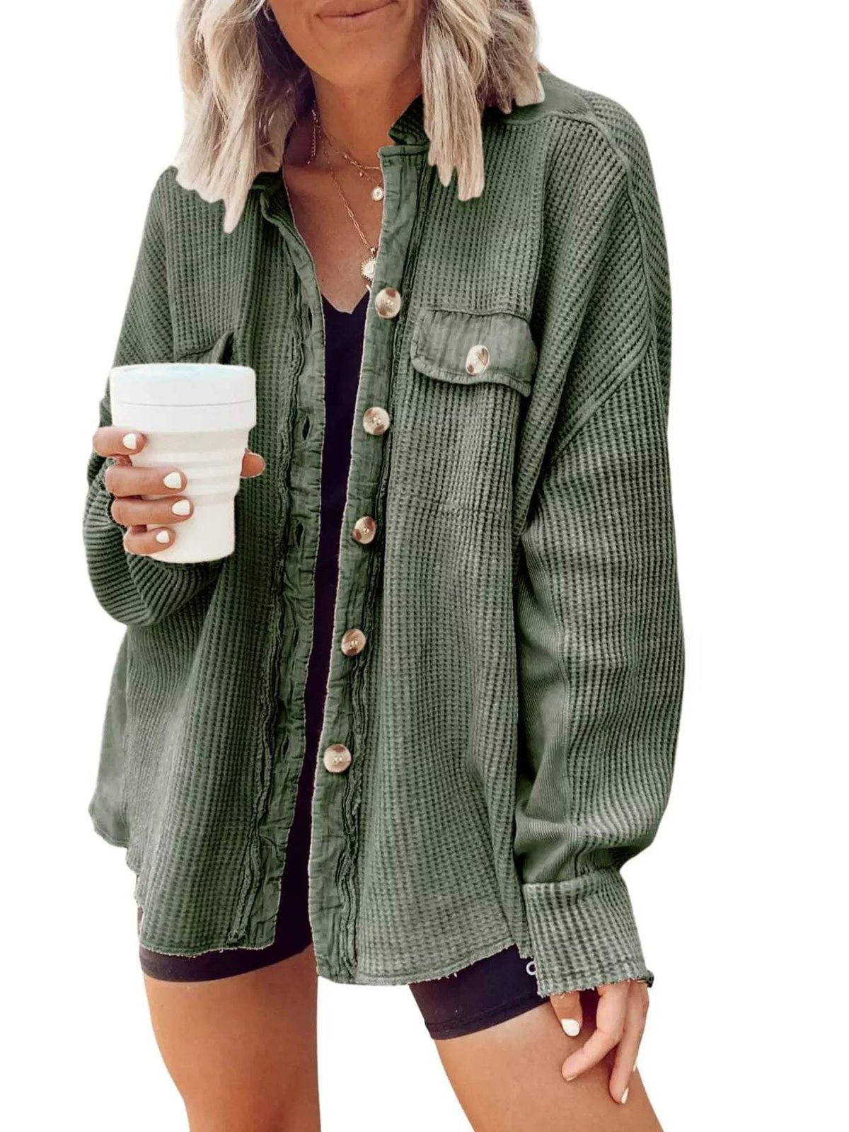 Oversized Waffle Knit Button-Up Jacket - Trendsi - Flyclothing LLC