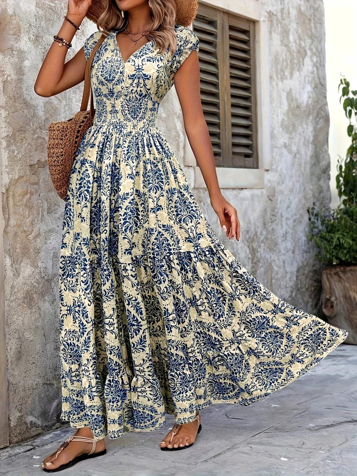 Printed Cap Sleeve Maxi Dress - Trendsi - Flyclothing LLC
