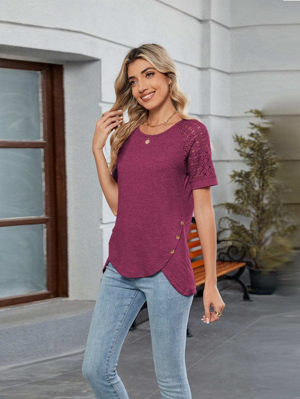 Round Neck Lace Short Sleeve T-Shirt - Trendsi - Flyclothing LLC