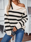 Buttoned Striped Long Sleeve Sweater - Trendsi