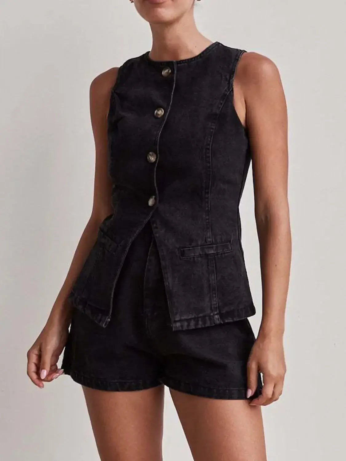 Button Down Vest and Shorts Denim Set - Trendsi - Flyclothing LLC
