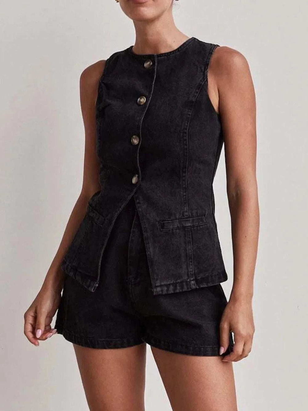 Button Down Vest and Shorts Denim Set - Trendsi - Flyclothing LLC