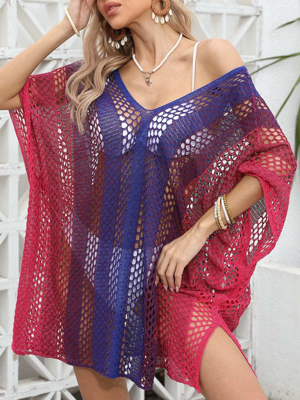 Openwork Contrast V-Neck Cover-Up - Trendsi - Flyclothing LLC