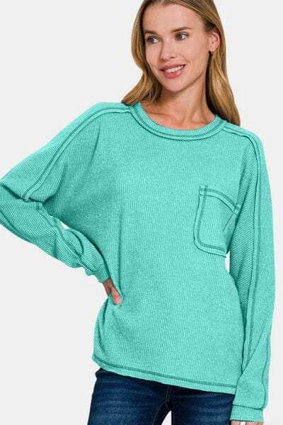 Zenana Full Size Contrast Stitching Brushed Ribbed Hacci Knit Top Plus Size - Trendsi - Flyclothing LLC